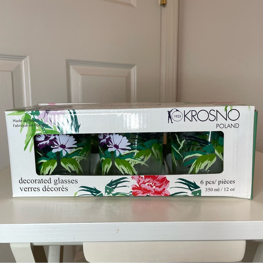 Decorated Glasses Set - Green and Purple Floral Design